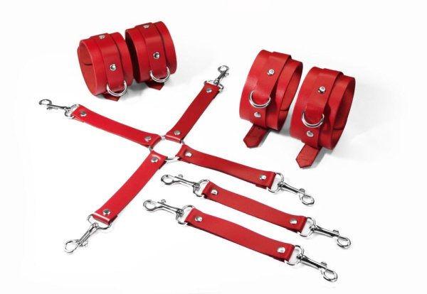 Набор для БДСМ 3 в 1 Feral Feelings BDSM Kit 3 Red, наручники, поножи, крестовина