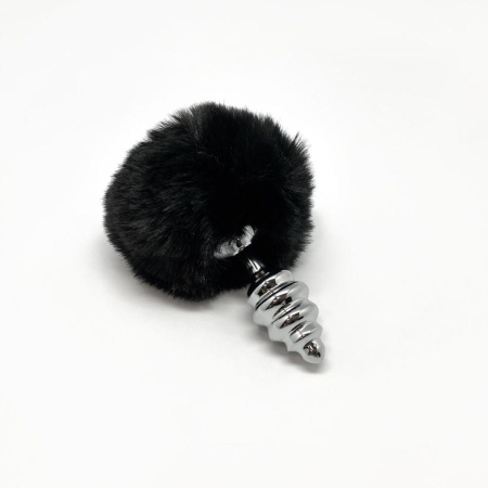Металлическая анальная пробка Кроличий хвостик Alive Fluffy Twist Plug S Black, диаметр 2,9 см || Металева анальна пробка Кролячий хвостик Alive Fluffy Twist Plug S Black, діаметр 2,9 см