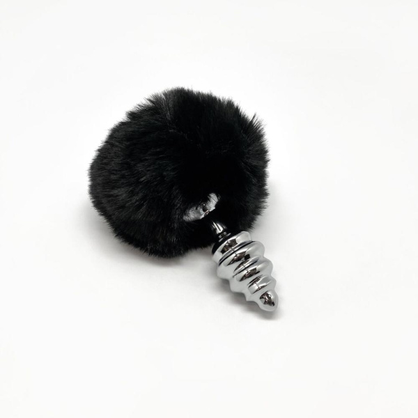 Металлическая анальная пробка Кроличий хвостик Alive Fluffy Twist Plug S Black, диаметр 2,9 см